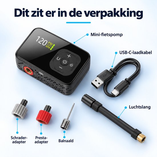 YQLAFT Elektrische Fietspomp - Luchtcompressor Bandenpomp - Intelligente drukinstelling - Maximaal tot 120 PSI - Bandenpomp - Luchtcompressor - Automatisch uitschakelen - Geschikt voor racefietsen, mountainbikes, elektrische fietsen en ballen — afbeelding 4