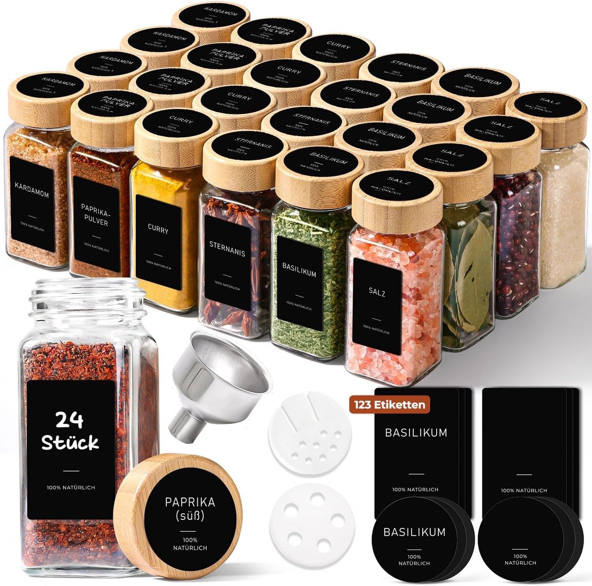 SnelShoppen - Set van 24 glazen kruidenpotjes 120ml voor keukenopslag, perfect voor gezinnen en thuiskoks, ideaal voor lade en kast organisatie met tr