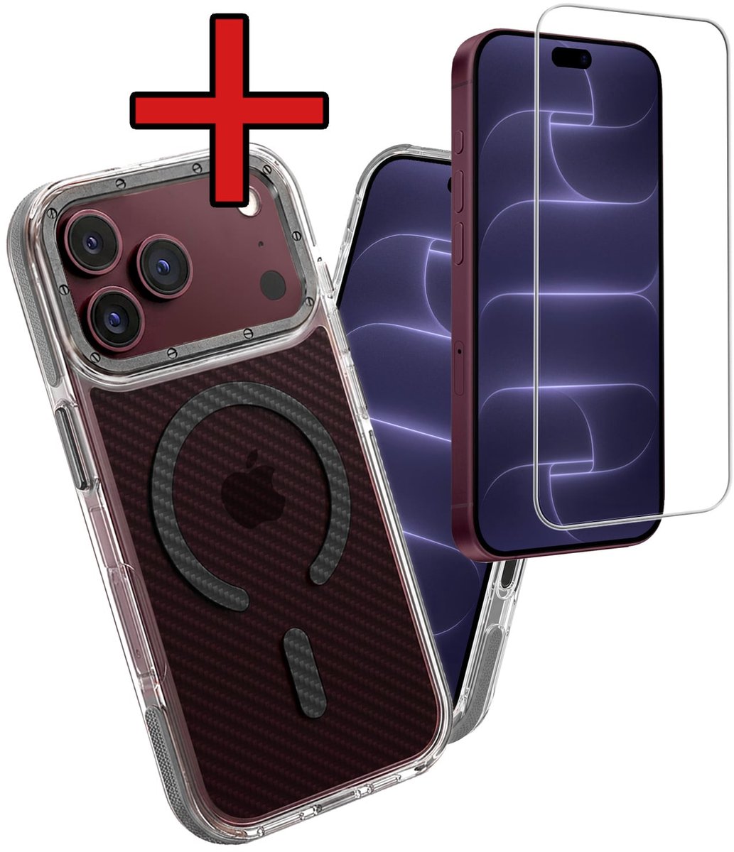 Hoesje - Met Screenprotector - Geschikt voor Apple iPhone 18 Pro - Magsafe Compatible - Carbon Look - Sterk & Shockproof - Shock Proof Case - Back Cover - Telefoon Hoes - Telefoonhoes - Grijs