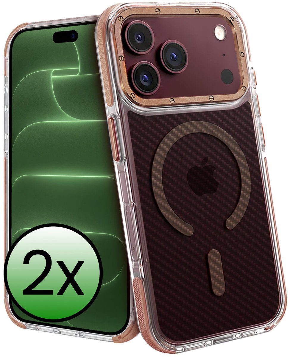 Hoesje 2 Stuks - Geschikt voor Apple iPhone 18 Pro Max - Magsafe Compatible - Carbon Look - Sterk & Shockproof - Back Cover - Shock Proof Case - Telefoon Hoes - Bruin