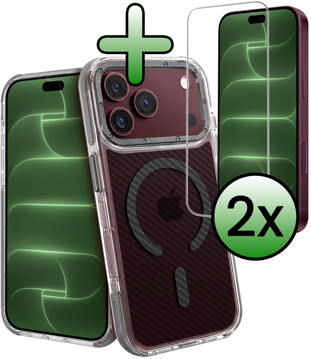 Hoesje Met 2x Screenprotector - Geschikt voor Apple iPhone 18 Pro Max - Magsafe Compatible - Carbon Look - Sterk & Shockproof - Back Cover - Shock Proof Case - Telefoon Hoes - Grijs