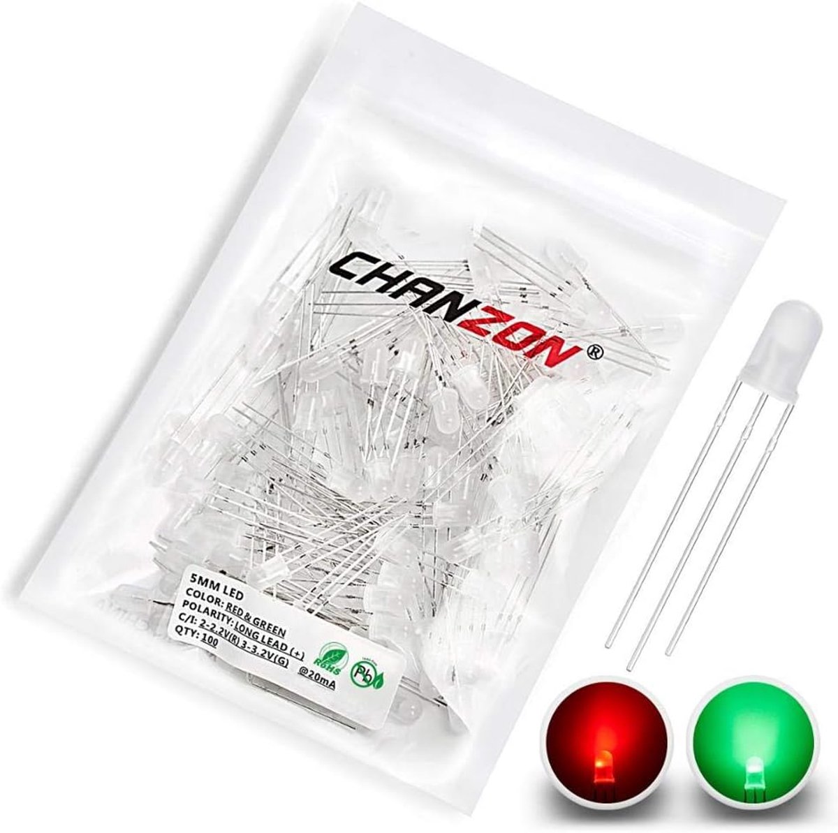 Chanzon 100pcs 5mm Red & Green LED Diode Lights (Bicolor Common Anode Diffuse Round) Lighting Lamps Electronics - ShopVlot