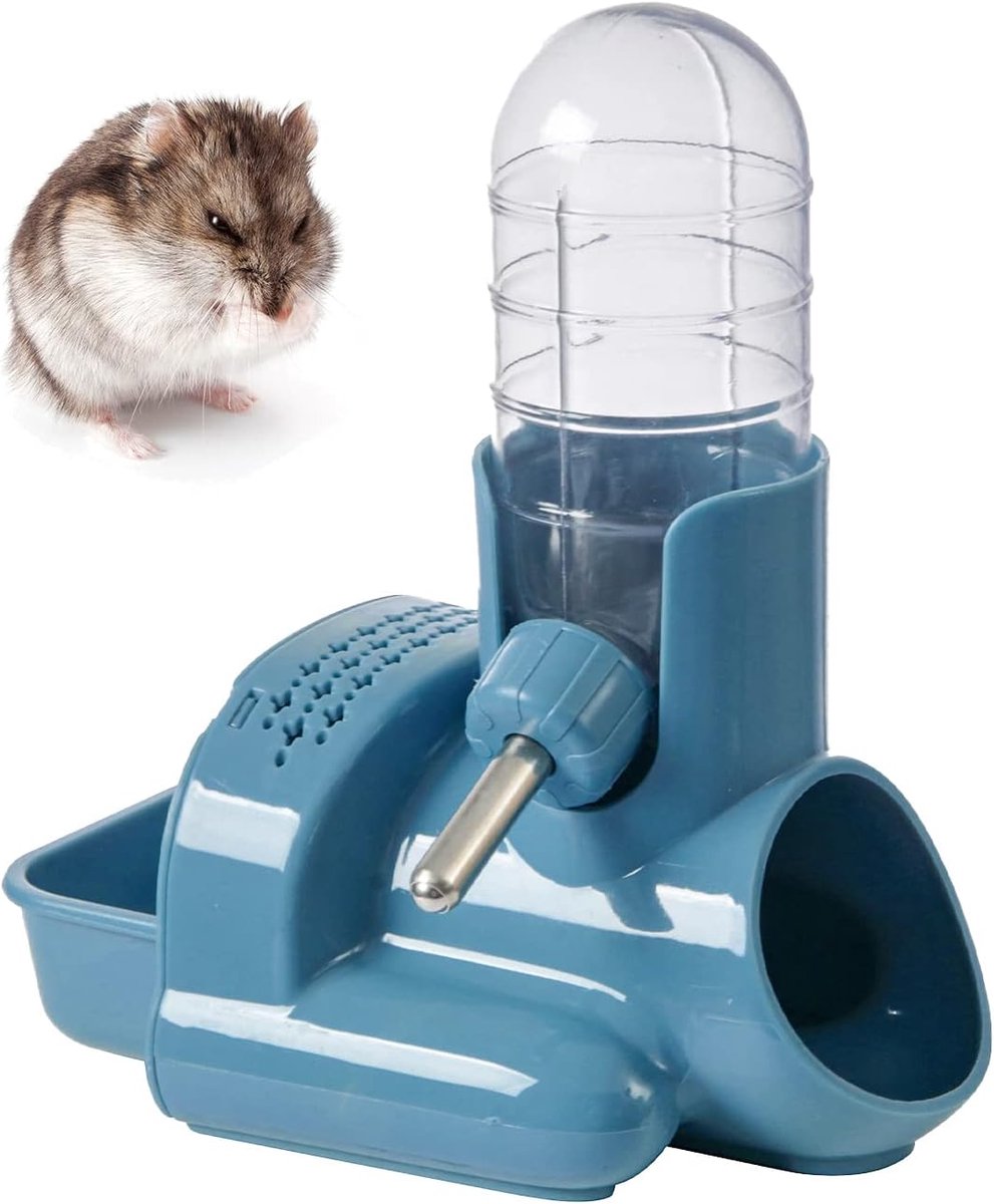 Hamster Waterfles en Voedselcontainer - Drie-in-één Anti-druppel Drinkfles Met Standaard en Voet Voor Kleine Huisdieren (Blauw)
