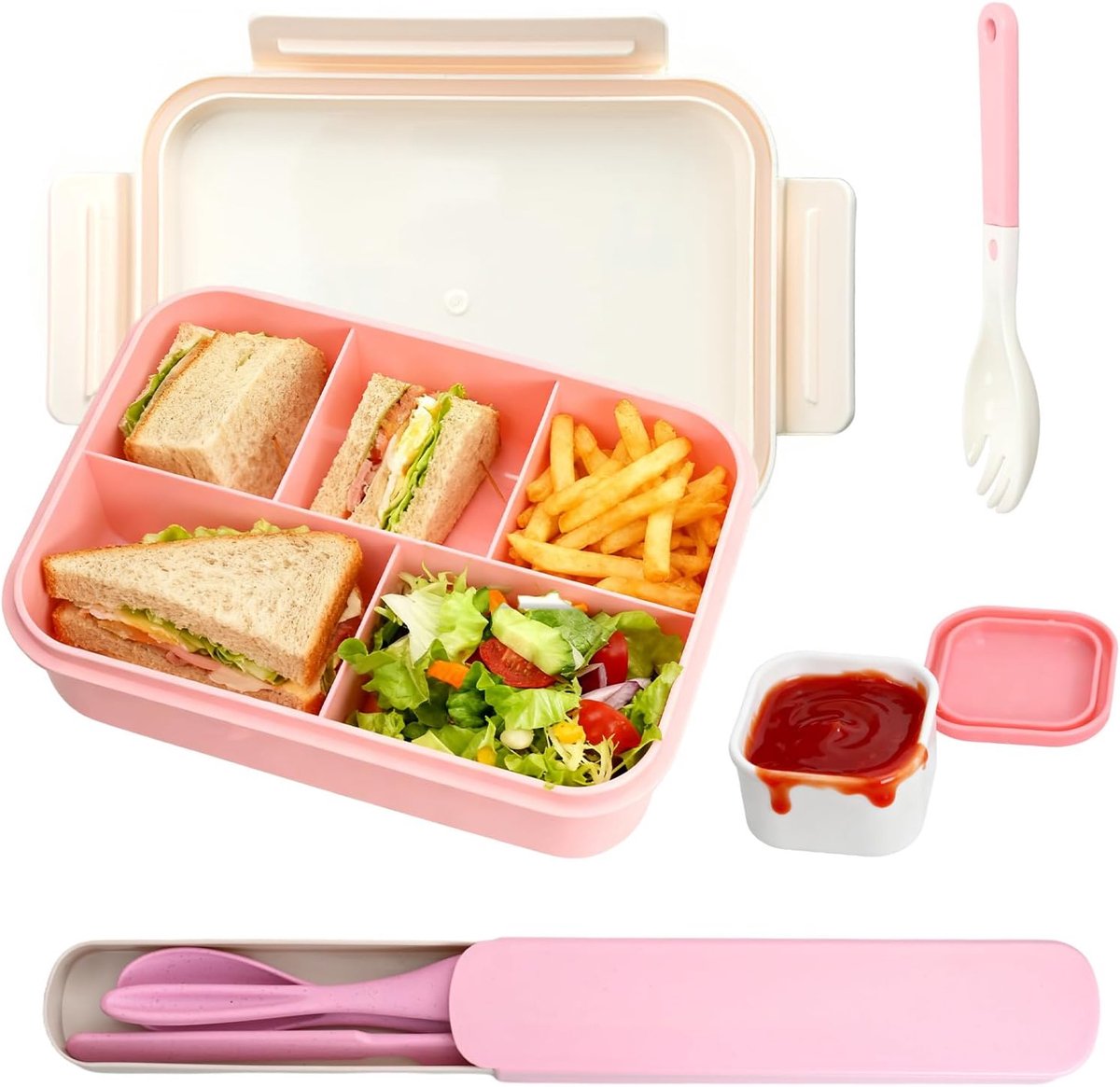 Lunchbox met bestek, bentobox, 1000 ml, lekvrije snackbox voor volwassenen en kinderen, lunchbox met meerdere compartimenten voor school, kleuterschool, kantoor, picknick, magnetron