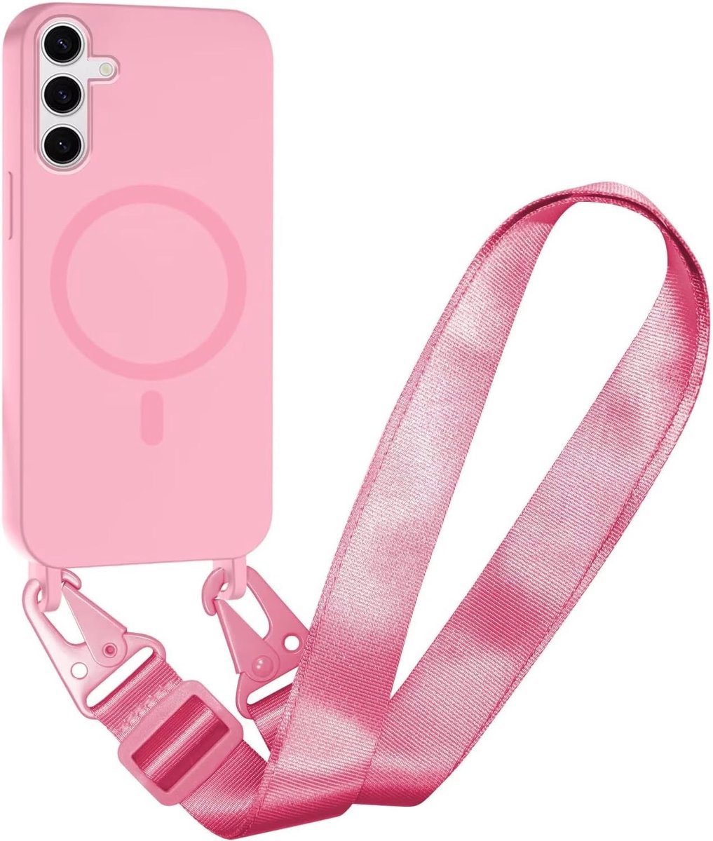 Compatibel met Samsung Galaxy A26 Draadloos opladen, Schokbestendige Verwijderbare Telefoon Case met Verstelbare Nekoord Ketting Zachte Cover voor Samsung Galaxy A26, Roze