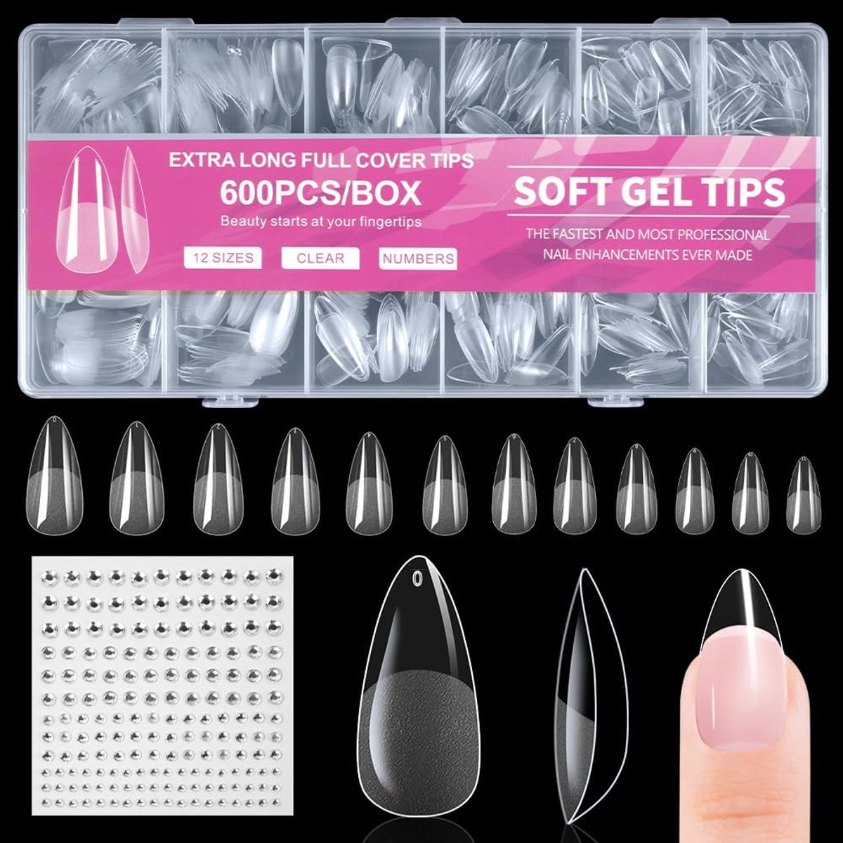 Nepnagels tips, zachte gel volledige dekking nagel tip, heldere acrylnagels tips, nagelverlengingsset voor DIY manicure nagelkunst salon(600 stuks semi-matte traanvorm）