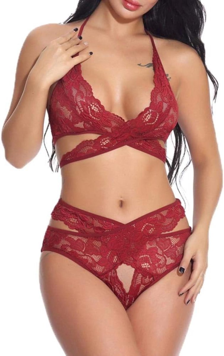 Kleding Erotische Beha Sexy Lingerie Vrouwen Ondergoed Kant Bralette Set Sexy Kostuums Kleding Set-Wine_Red_L