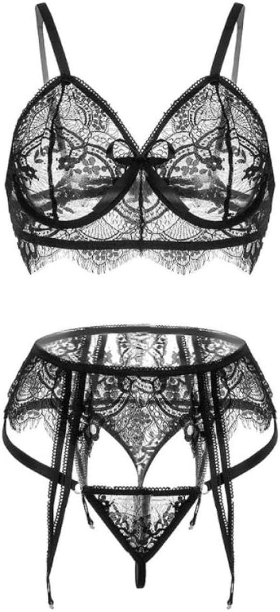 Lingerie Dameslingerie Dames Lingerie Kanten Beha Kousenband Thong Temptation Ondergoed Sexy Lingerie Perspectief Dames Nachthemd Set-Black_XL