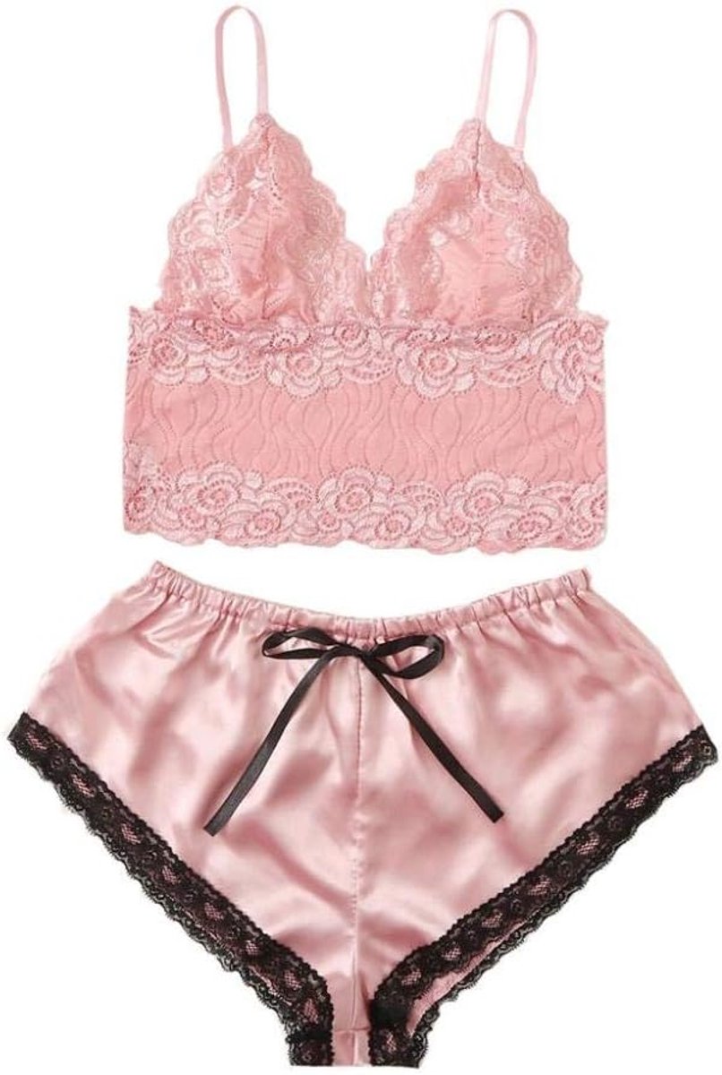 Lingerie Dameslingerie Sexy Lingerie Vrouwen Kanten Draadloze Beha Nachtkleding Satijnen Slips Ondergoed Erotisch Kostuum Hol Perspectief-Pink_M