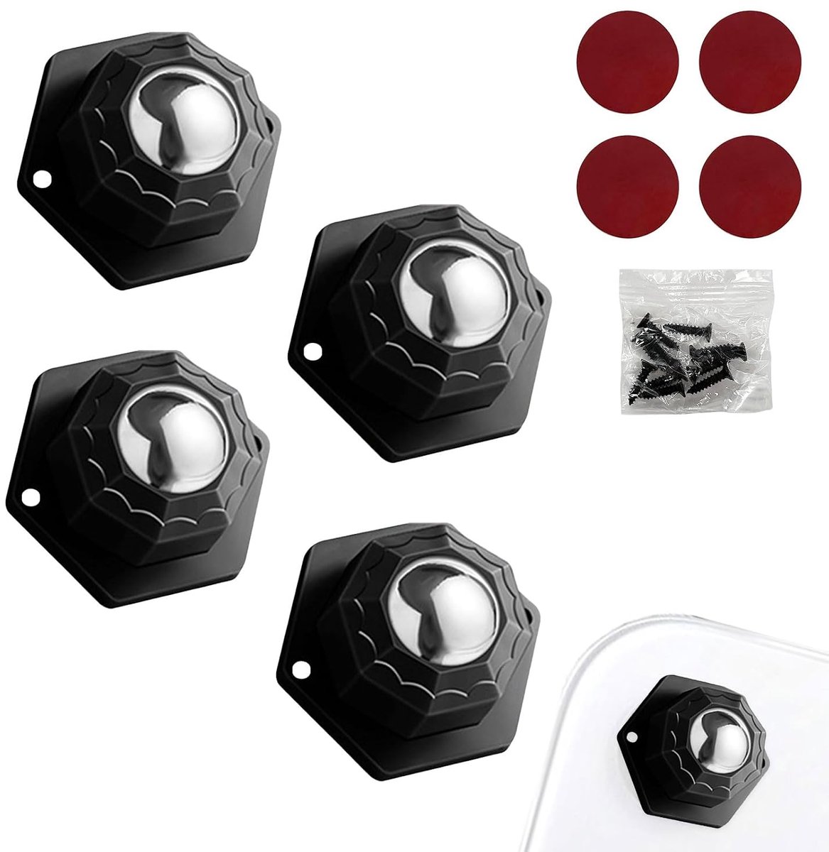 4 stuks kogelwielen, zware belasting, meubelwielen, plat, meubelwielen, klein, meubelglijders voor zware meubels, universele 360 bewegende wielen, wielen om te plakken (zwart)