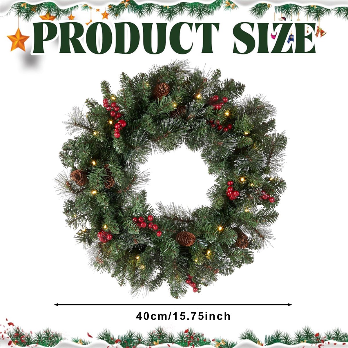 Kerstkrans – 40 cm – Kunstkrans met LED-verlichting – Feestelijke Decoratie – met Dennenappels, Bessen en Sneeuw – voor Voordeur, Ramen, Open Haard – foto 2