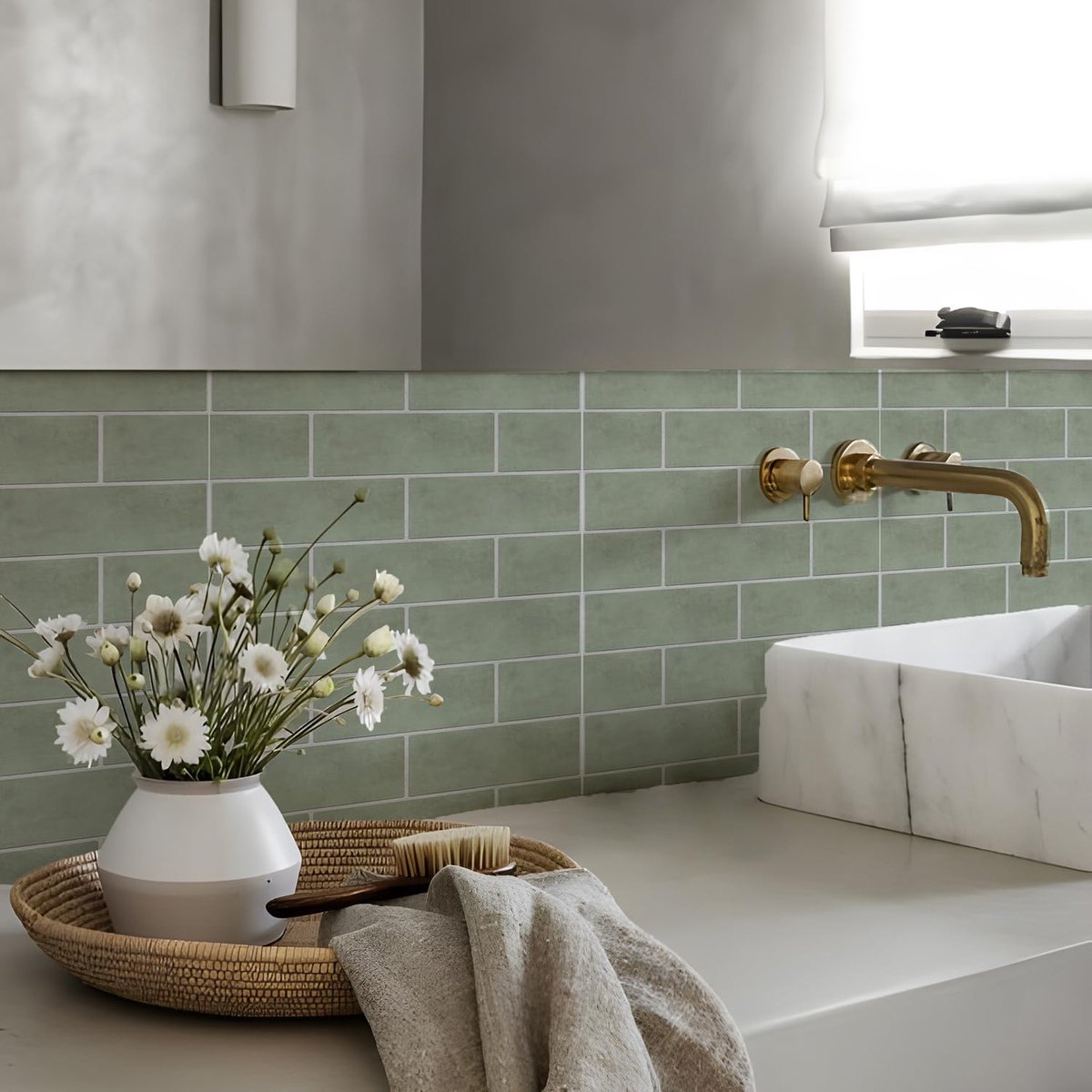 Tegelsticker, saliegroene steen, zelfklevende plaktegels, sticker voor badkamer, keuken, spatwand, folie losmaken en aanbrengen, wandtegelsticker van vinyl, 10 stuks x 20 cm