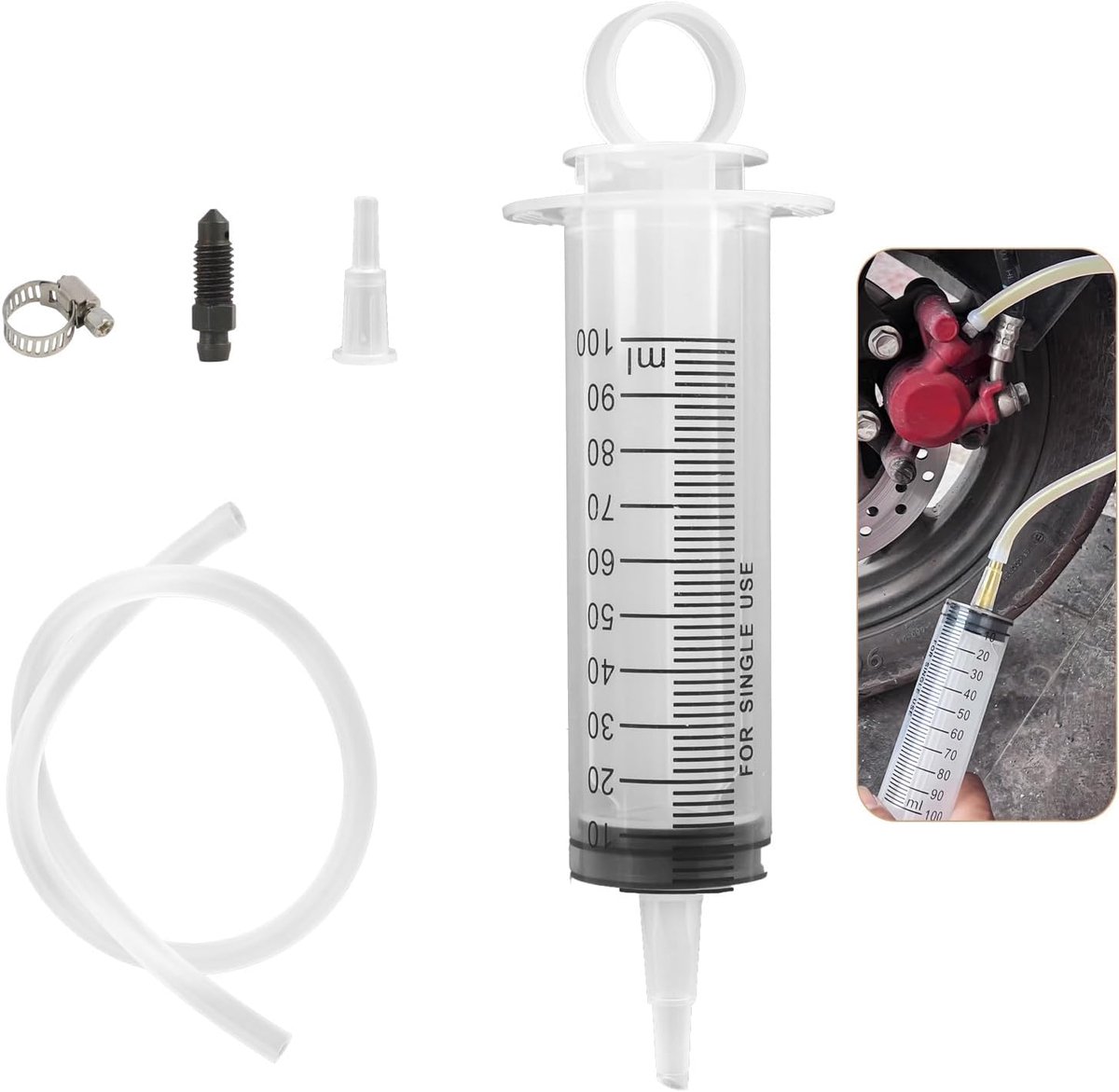 100 ml spuit, remontluchtingsslang van 50 cm, remvloeistofzuigspuit voor motorfietsen, fietsen, scooters en auto's, remontluchtingsapparaat met adapter en drukklem voor eenvoudig en effectief ontlucht