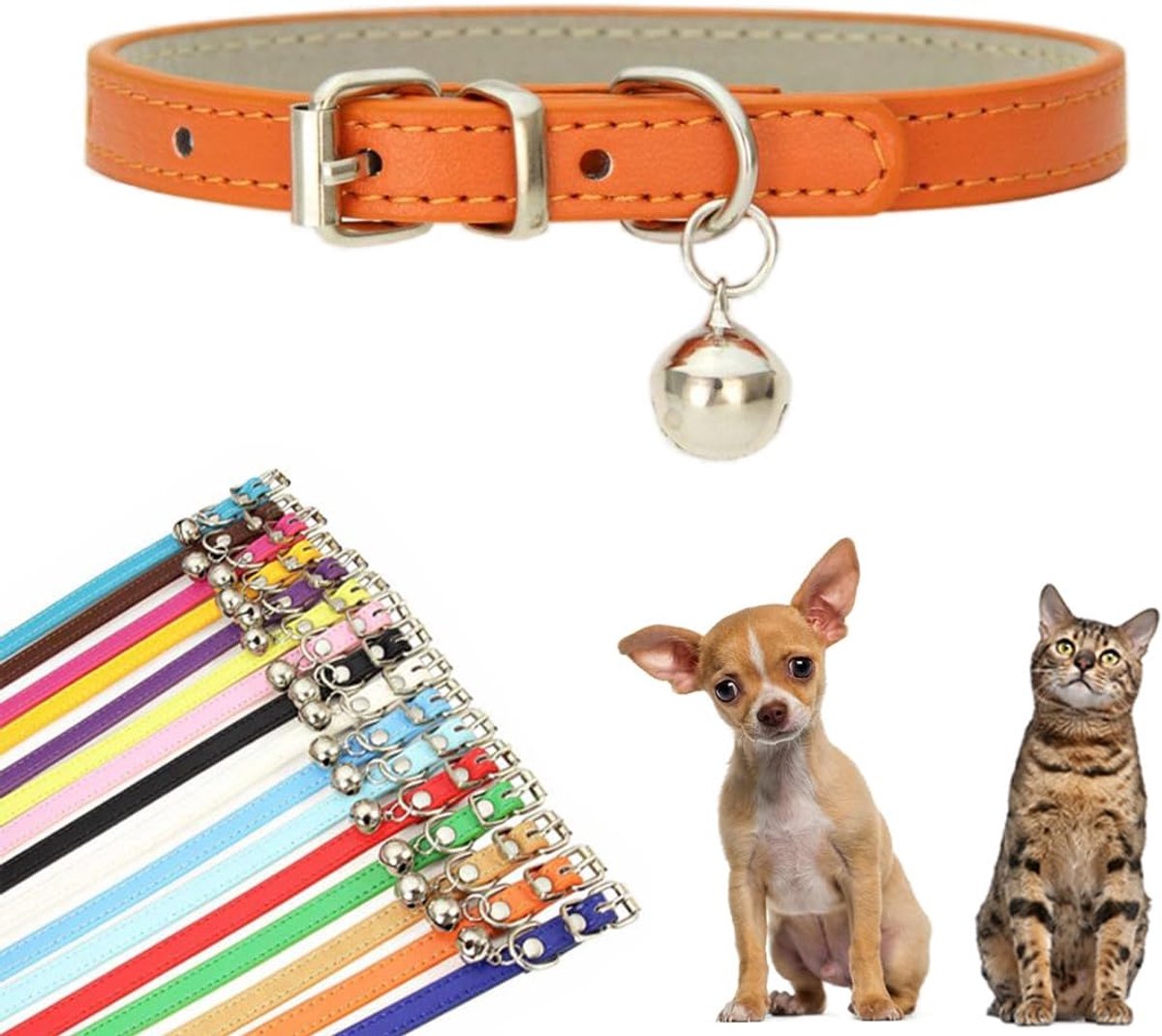 Hondenhalsband met bel, zacht PU-materiaal, verstelbare gesp, maat S (25,4 - 33 cm), voor kleine honden en katten