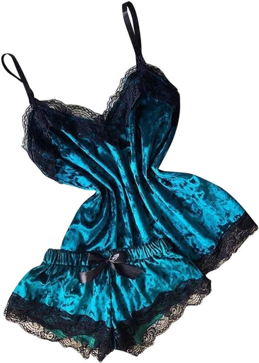 Nachtkleding kant lingerie sexy jurk met string voor damesLingerie Set Fluwelen Nachtkleding Dames Pyjama Set Sexy Temptation Nachtkleding Cami Top en Shorts-Light_blue_XL