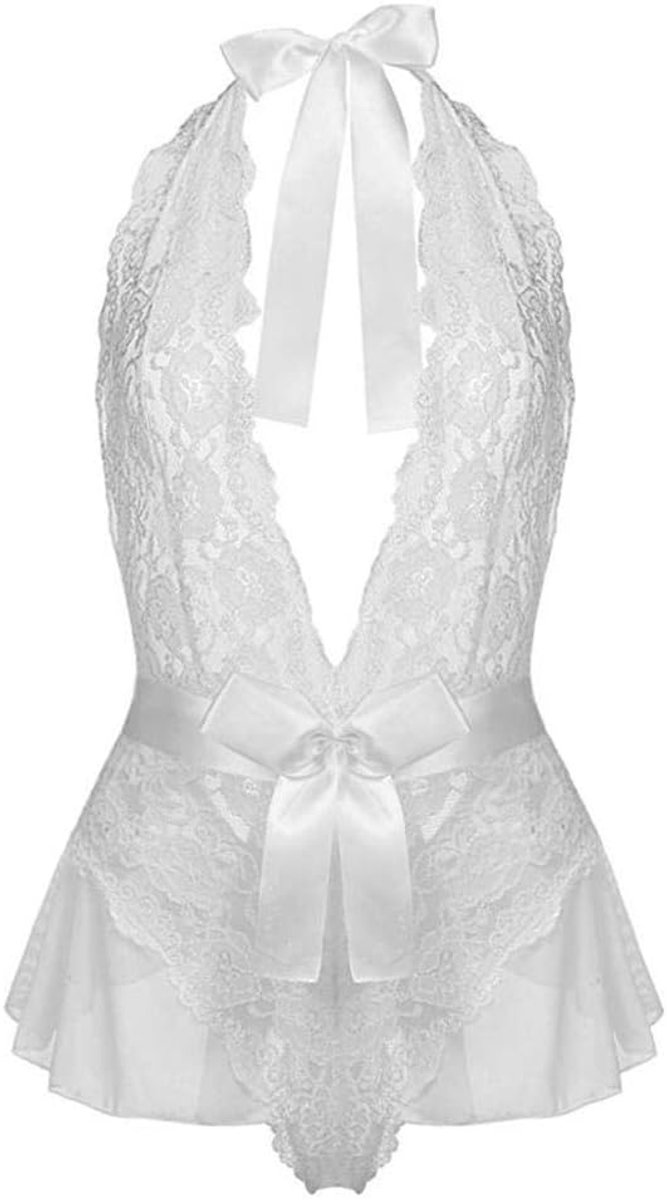 Sexy lingerie dames v-hals doorschijnende kanten kimono lingerie nachthemd ondergoed sexy set negligé jurk met stringDames Ondergoed Set Lingerie Set Kanten Strik Bodysuit Sexy Lingerie Backless Jumpsuit Ondergoed-White_XXXL