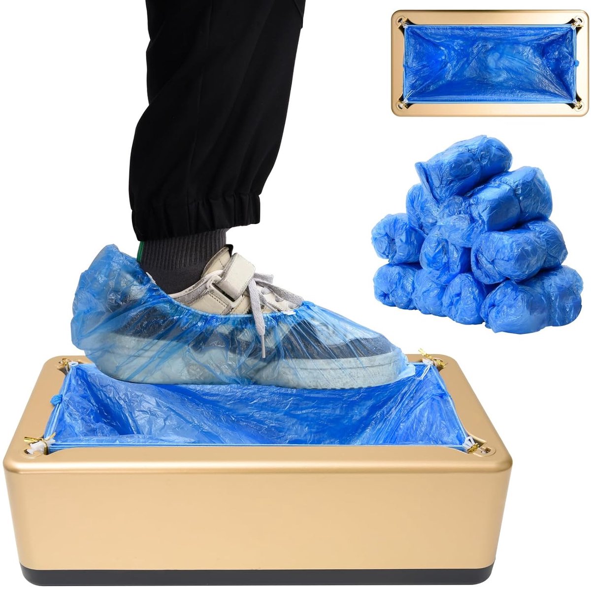 Draagbare schoenovertrek, dispenser met 200 stuks schoenovertrekken, overschoenen, wegwerp, handenvrij, voor thuis, kantoor, supermarkt, fabriek, laboratorium, antislip en
