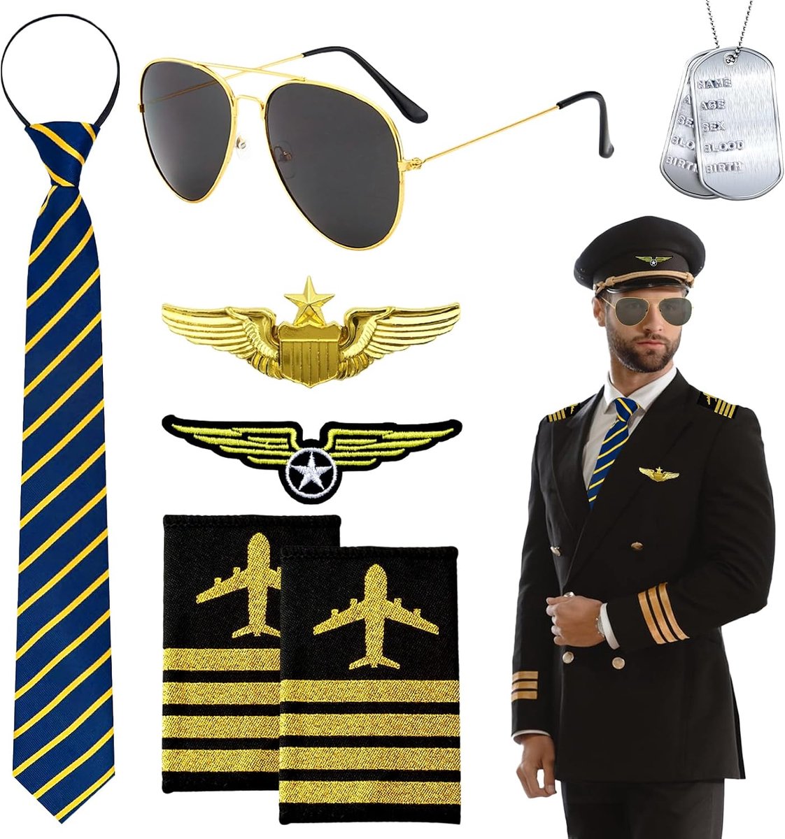 7-delige Pilot Kostuum Accessoires, Vlieger Kapitein Verkleed Accessoires met Pilotenbril, Stropdas, Epauletten, Insigne, Brosche, Halsketting voor Mannen, Vrouwen, Carnaval, Feest, Verkleden