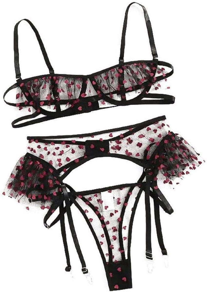 Dameskostuums Sexy Exquise Kanten Lingerie Beha + Kousenband + Slips Uitgesneden Nachtkleding Mesh Lingerie Kanten String Slipje Dames Set