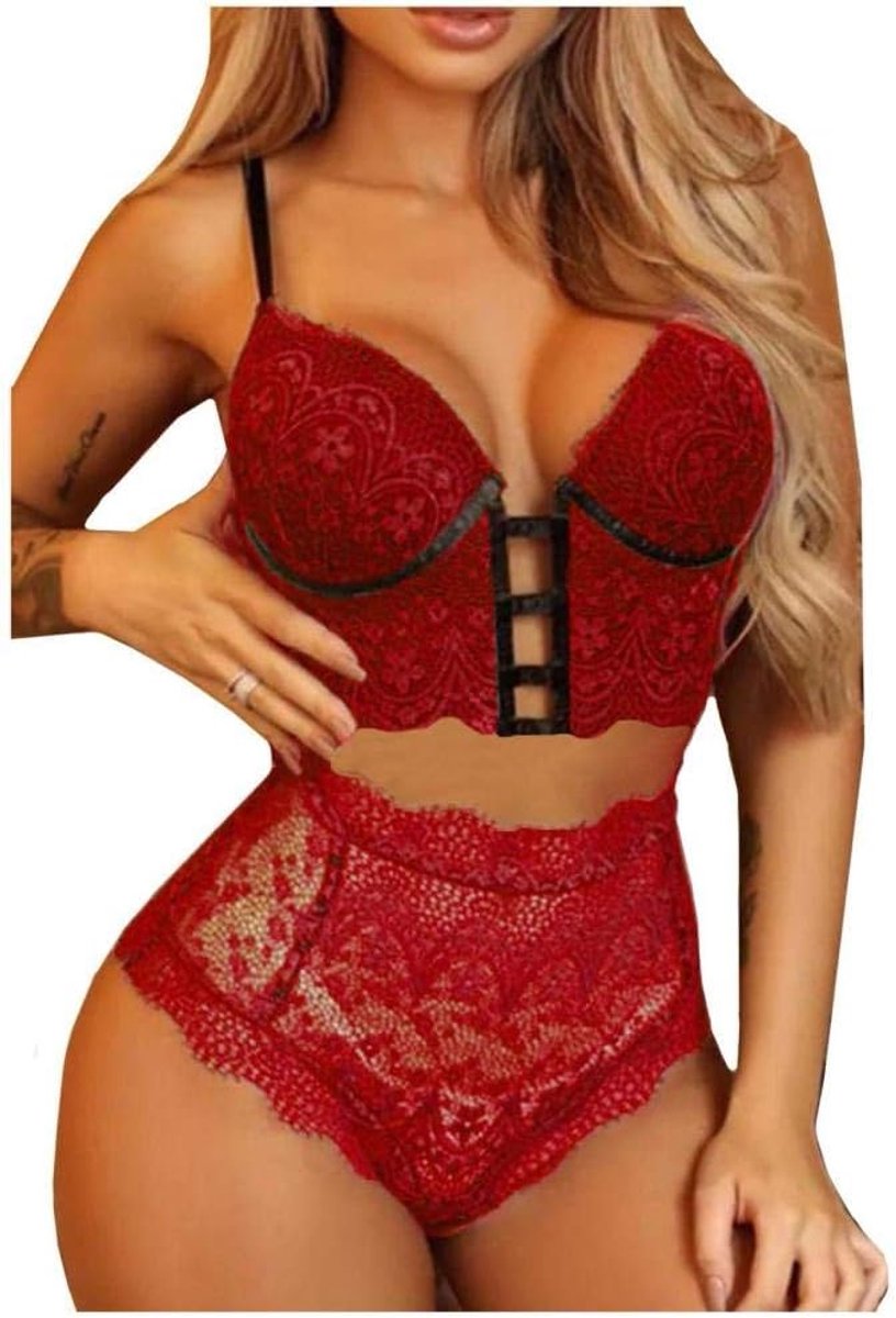 Sets met nachtmode & ochtendjas Plus Size Nachtkleding Sexy Lingerie Vrouwen Porno Draadloze Bh Slips Ondergoed Hol Kant Erotisch Kostuum Porn-Red_M