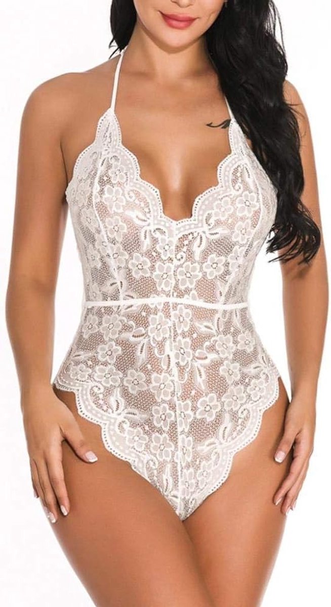 Sets met nachtmode & ochtendjas Transparante bodysuit voor vrouwen zonder rug Erotisch ondergoed-Blanco_3XL