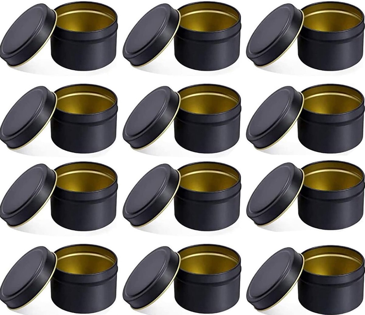 Set van 12 ronde glazen kaarsendozen met schroefdop - 120 ml - Voor kaarsen, knutselen, handwerk, sieraden, cosmetica - Toebehoren voor het maken van kaarsen - Zwart
