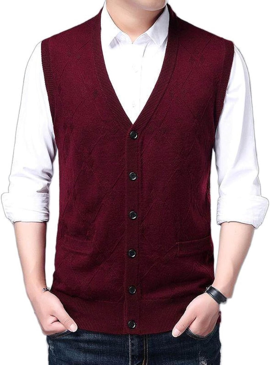 Argyle V-Hals Gebreid Vest Vest, Herfst En Winter Klassiek Vest Trend Casual Heren Kasjmier Gemengd Vest, Business Gentleman Knitwear Sweater Vest Tank Tops, Wijnrood, S