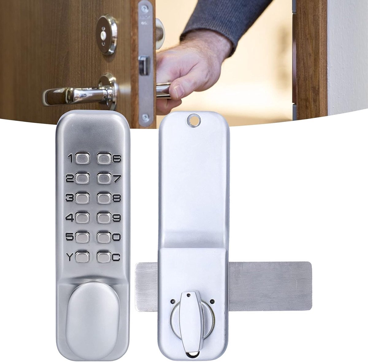 Deurslot, mechanisch combinatieslot, nachtschoot mechanisch slot sleutelloze ingang, antidiefstalcodes voor bidirectionele glazen deur, veiligheidsvoordeurslot met vergrendeling, zilver