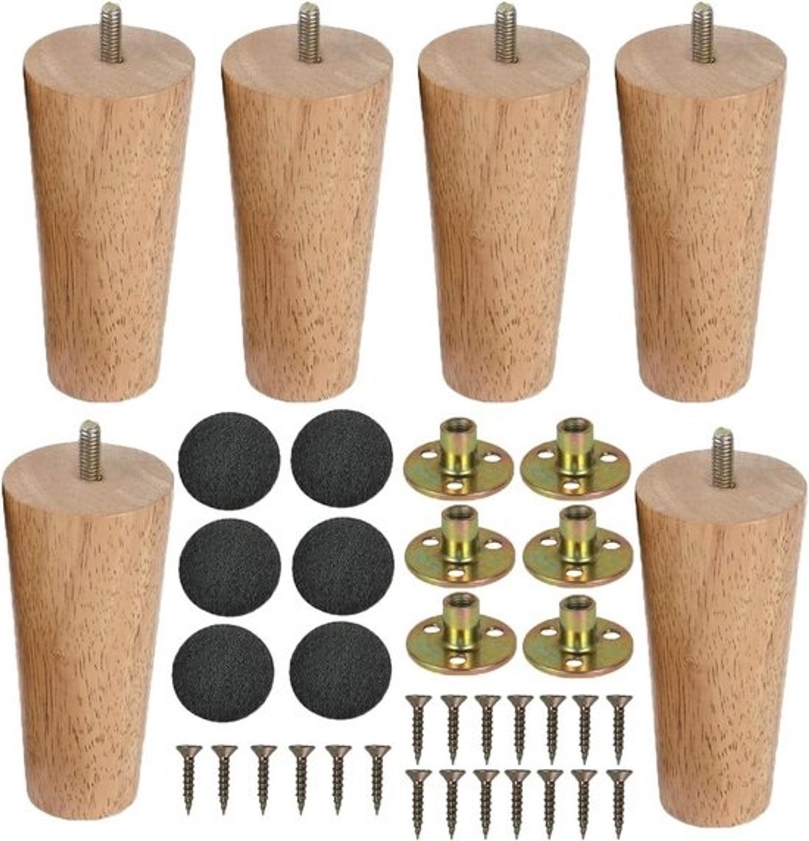 Houten Meubelpoten 12 cm, Conisch Model, 6 Stuks, Met Rubberen Pads, Vervangende Tafelpoten