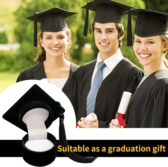 2-delige doktersmuts juwelendoos, afstudeercadeau doos afstudeerfeest cadeau doktershoed uniek ring doos voor afstuderen, afstudeerfeest, bruiloft, verjaardag, feestdag (Zwart, 6x6x3,7 cm) — afbeelding 3