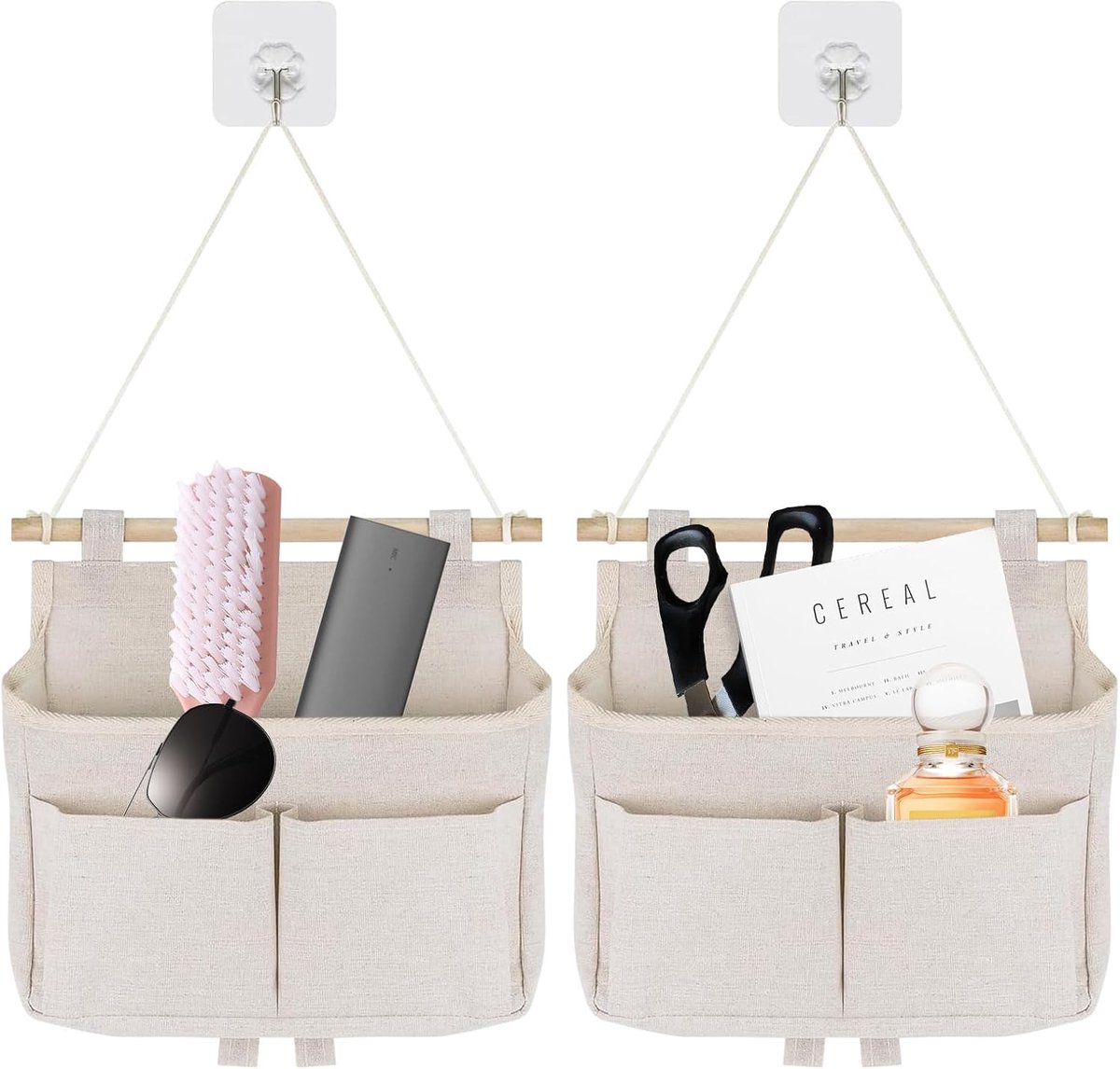 Hangende opbergtas, 2 hangtassen, hangende opbergtas, wandorganizer, tas met 3 vakken met zelfklevende haken, voor thuis, kantoor, hal, badkamer, kinderkamer (beige)