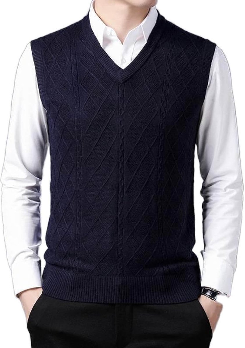 Herensweater Met V-Hals, Herfst En Winter Klassiek Kabelgebreid Vest Pullover Casual Gebreid Vest Dieptepuntoverhemd, Klassiek Zakelijk Heren Gebreid Vest Trui Tanktops, Marineblauw