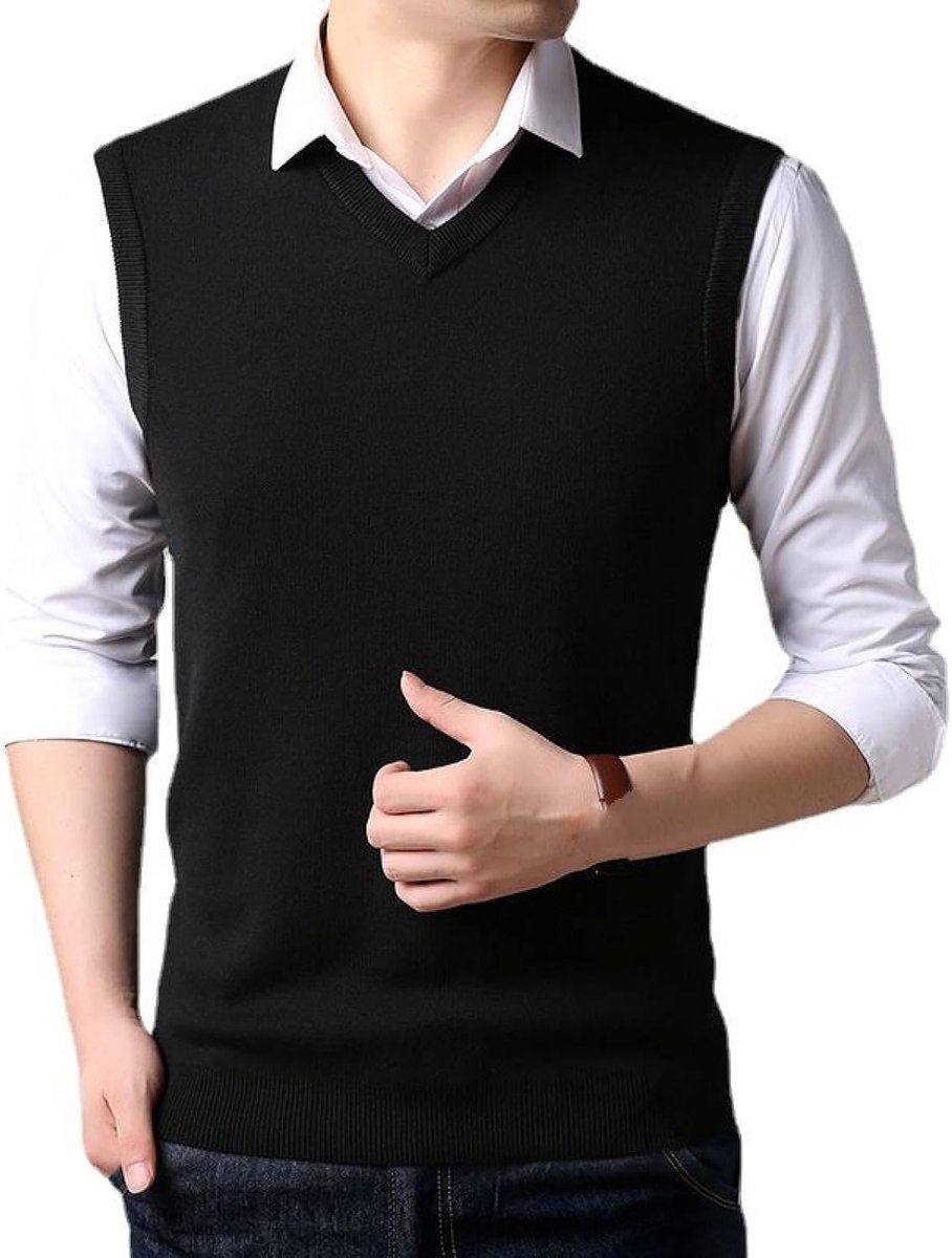 Heren Kasjmier Vest, Klassiek Effen Kleur Mouwloos Trui Vest Pullover Vest Casual All-Match Gebreid Vest, Klassiek Zakelijk Heren Breiwerk Vest Trui Tanktops, Zwart, S