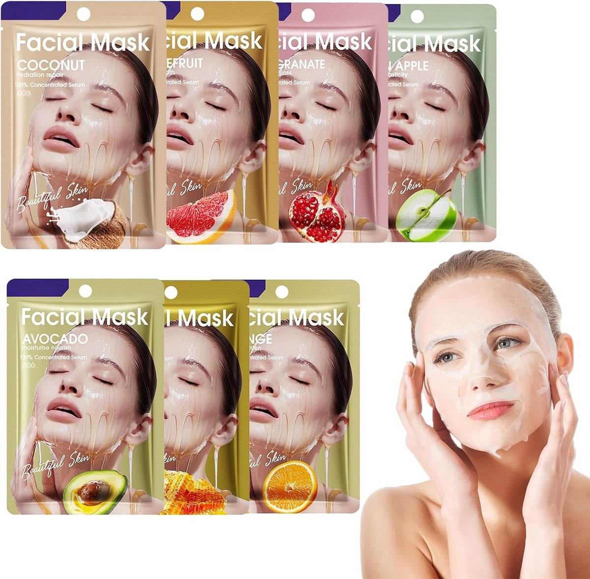 7 stuks moisturiserend masker vruchtig gezichtsmasker, vochtgevende en rustgevende gezichtsmaskers Reparerende doekmasker gezichtsmaskers voor huidverzorging, gladdende huid, verbeterde elasticiteit