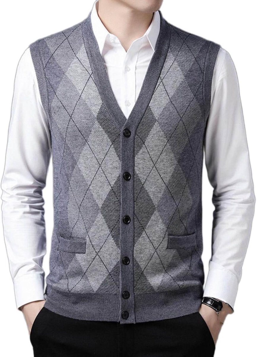 Argyle Vest Voor Heren Met V-Hals, Jeugdmode Heren Gebreid Vest Bovenkleding Casual Trendy Trui, Klassiek Zakelijk Heren Breigoed Gebreid Vest Trui Vest Tanktops, Middengrijs, S