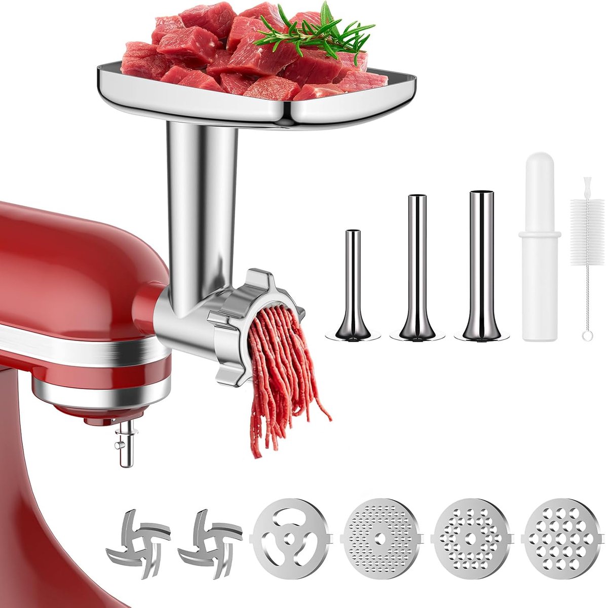 Vleesmolen-opzetstuk voor KitchenAid Keukenmachine, Aluminiumlegering Vleesmolen voor Kitchenaid Accessoire met 4 Maalschijven, 3 Worstvulhoorns, 2 Slijpmessen & Reinigingsborstel