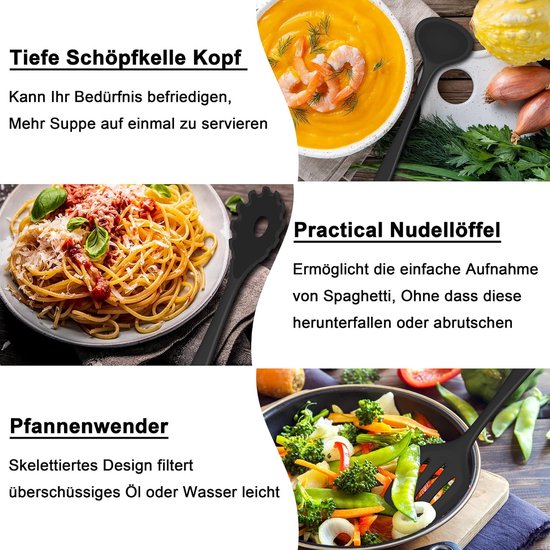 Keukenhulpset, 25-delig, siliconen keukengerei, kookbestekset, anti-aanbaklaag, hittebestendig kookgerei, kookgerei met gereedschapshouder en S-haak, vaatwasmachinebestendig, zwart — afbeelding 3