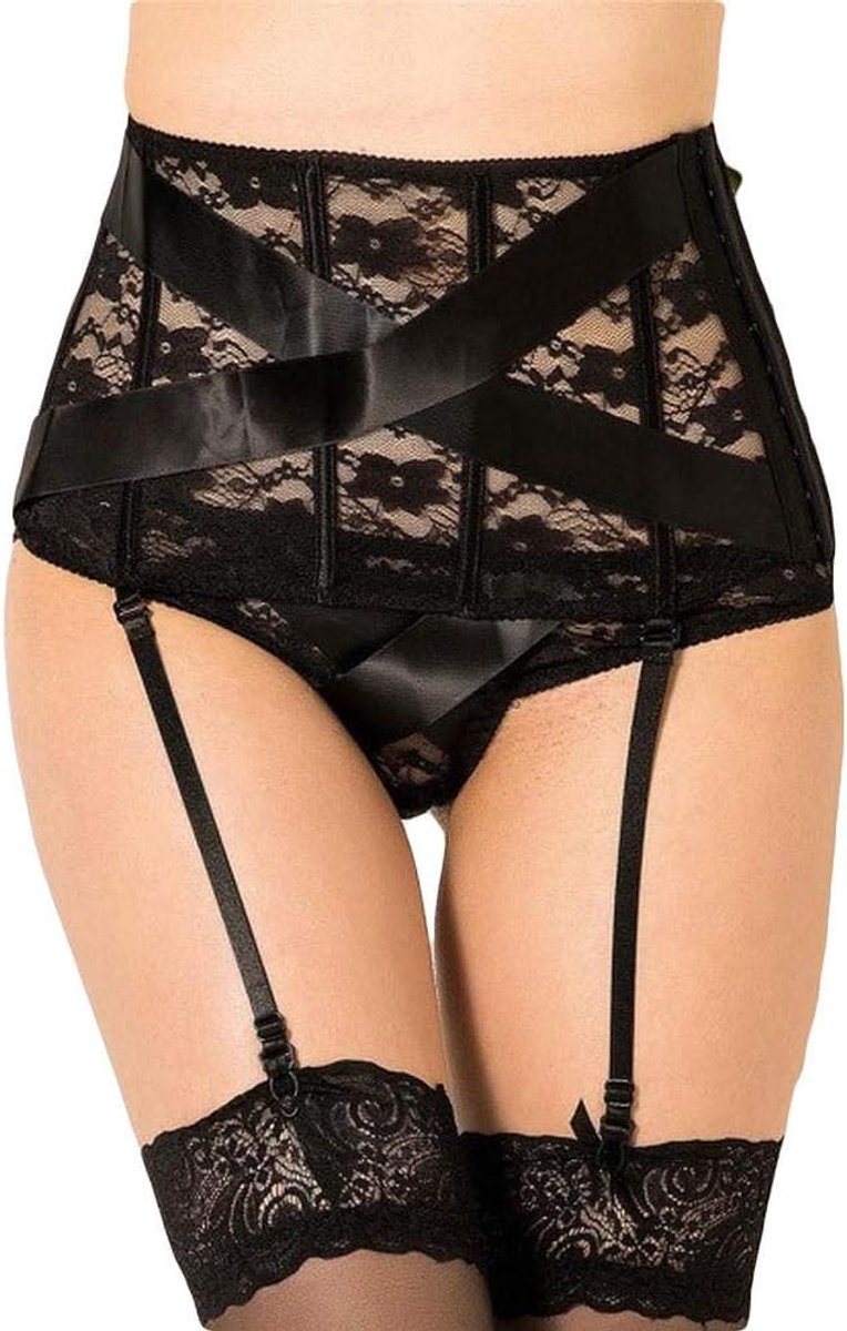 Sets met nachtmode & ochtendjas Erotische Dames Lingerie Holle Nachtkleding Ondergoed Kanten Slipje Verleiding Kousenband Set-Black_XXL