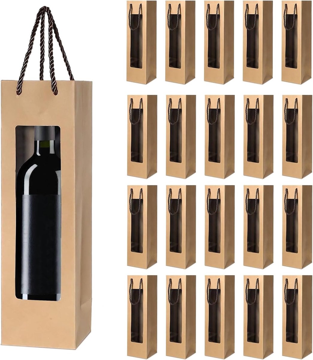 Wijngeschenkzakje met doorzichtig venster en handgrepen - herbruikbare bloemenfleszak voor bruiloft, Kerstmis, feestgeschenken (bruin)