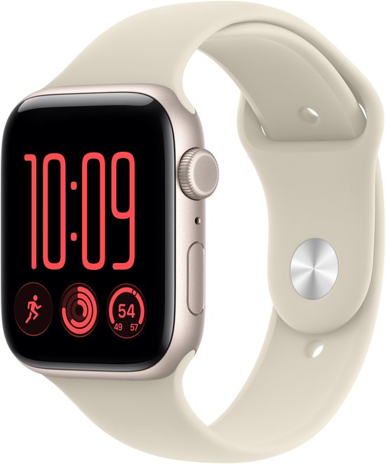 Apple Watch SE, 44mm, beige band, weergave 10:09 met activiteit-ringen.