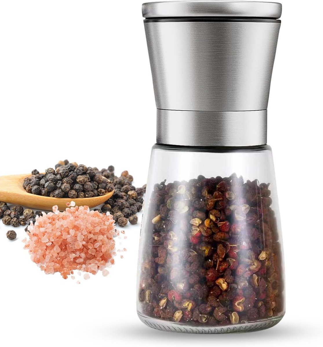 Luxe Zout- en pepermolen, 14 cm, ongevuld, zoutmolen, pepermolen, keramisch maalwerk, glazen container, grinder, molen voor zout, peper, specerijen