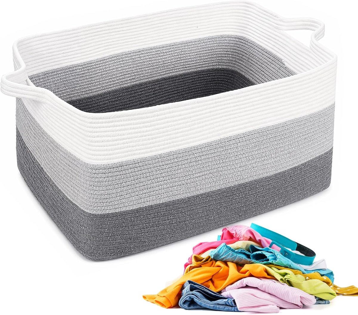 Groot, 48 x 34 x 28 cm, met handgrepen, opvouwbare opbergmand van katoenen touw, stabiele wasmand voor wasgoed, dekens en speelgoed