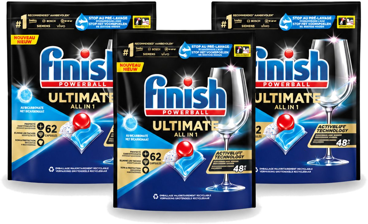 3 x Finish Powerball - Ultimate All in One - Vaatwastabletten - Met Bicarbonaat - 62 Capsules - Voordeelverpakking - 3 stuks