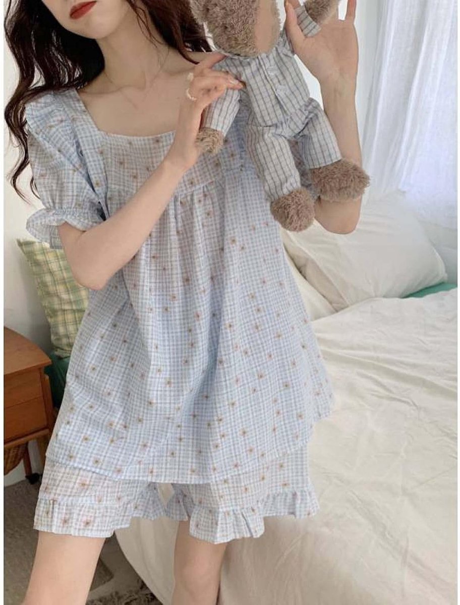 Pyjamasets Met Vierkante Kraag Voor Dames - Lady Sweet Zomer Geruite Print Strik Pofmouwen Garen Katoen Nachtkleding Slaap Loungewear Nachtkleding, Vintage Korte Mouw Knop Omhoog Nachtkleding Homewea