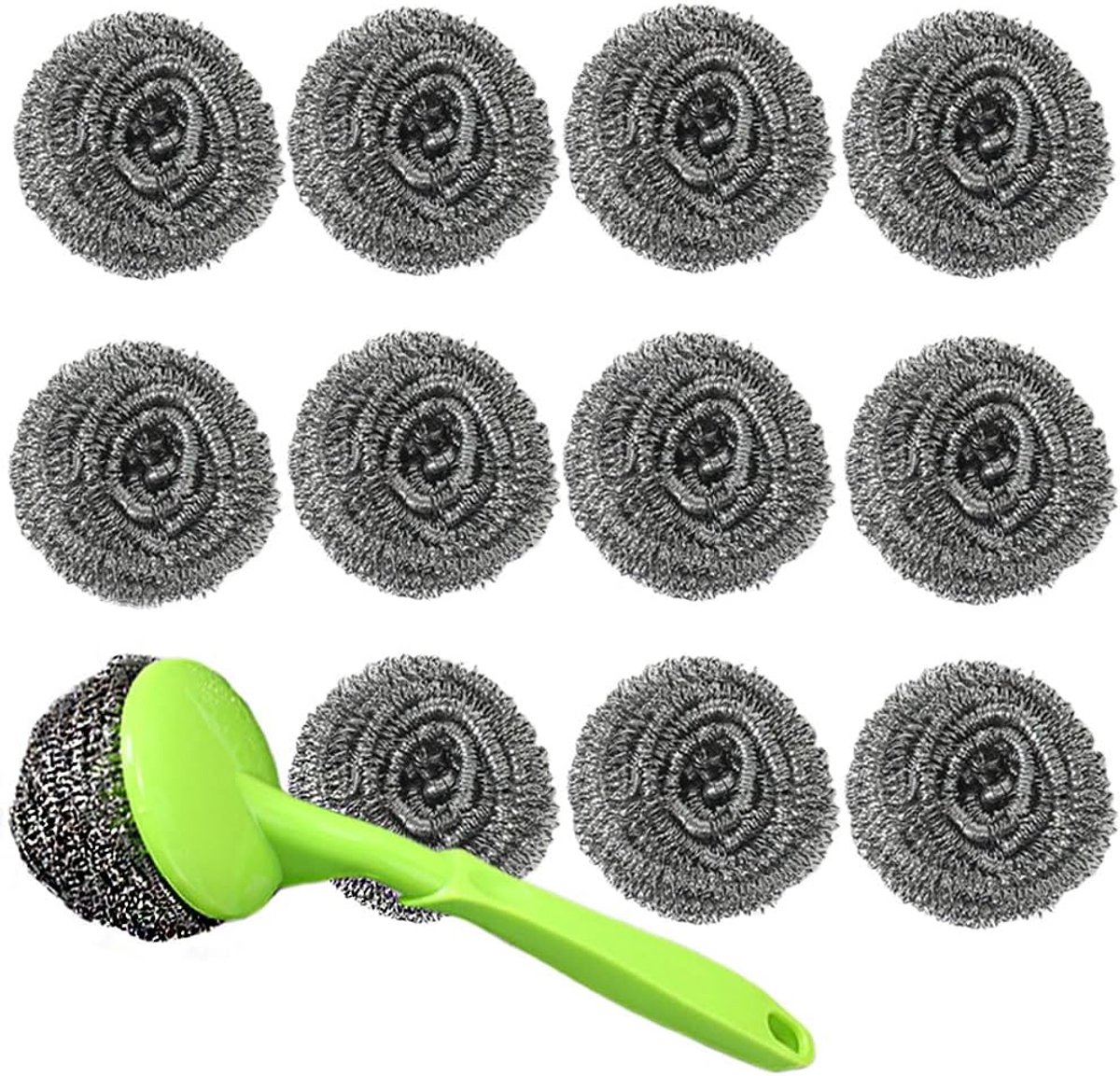 Draadspons met 1 handgreep, 12 stuks, schuurspons, roestvrij staal, schuurspiraal, stalen sponzen, reinigingsspons, potreiniger, poetsspons (handvat in een willekeurige kleur)