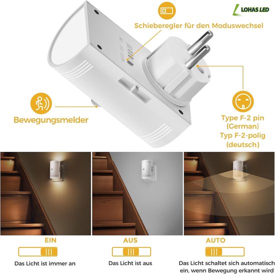 LED Nachtlampje met Bewegingssensor, Dimbaar 0–100 lm, Warm Wit 3000K, Stopcontact Nachtlamp voor Kinderkamer, Trap, Gang, Slaapkamer, Keuken, Badkamer, Wit — afbeelding 4