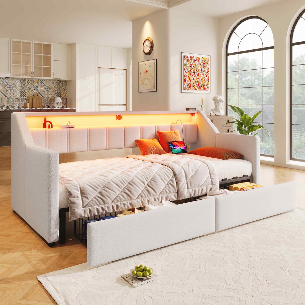 Sweiko Bed - Slaapbank - 90/180 x 200 cm - USB/Type-C - LED-verlichting - 2 lades - Uitbreidbaar tot 180 cm - Beige