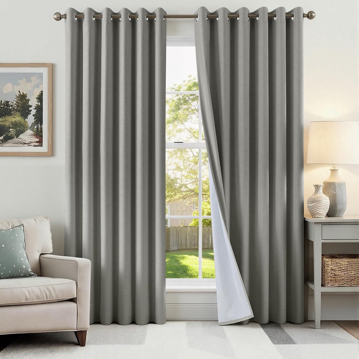 100% gordijnen, ondoorzichtig, linnenlook, gordijnen met inslagringen, linnen, set van 2, h 245 x b 200 cm, thermogordijn, hittebescherming, akoestisch, lichtgrijs