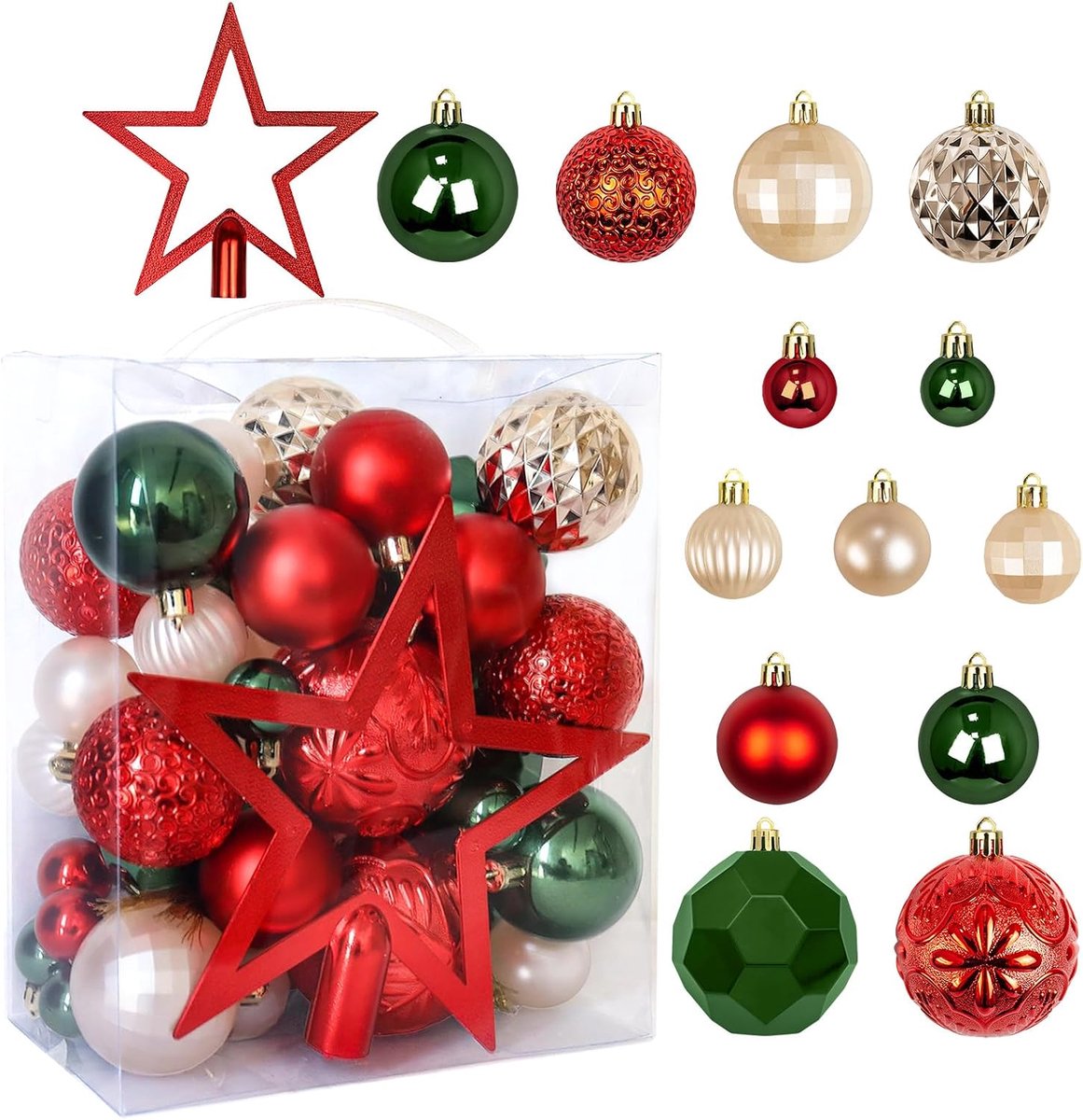 Kerstballenset met hanger, kunststof kerstballen met boompiek, onbreekbaar, kerstdecoratie, kerstboomdecoratieset, klassiek