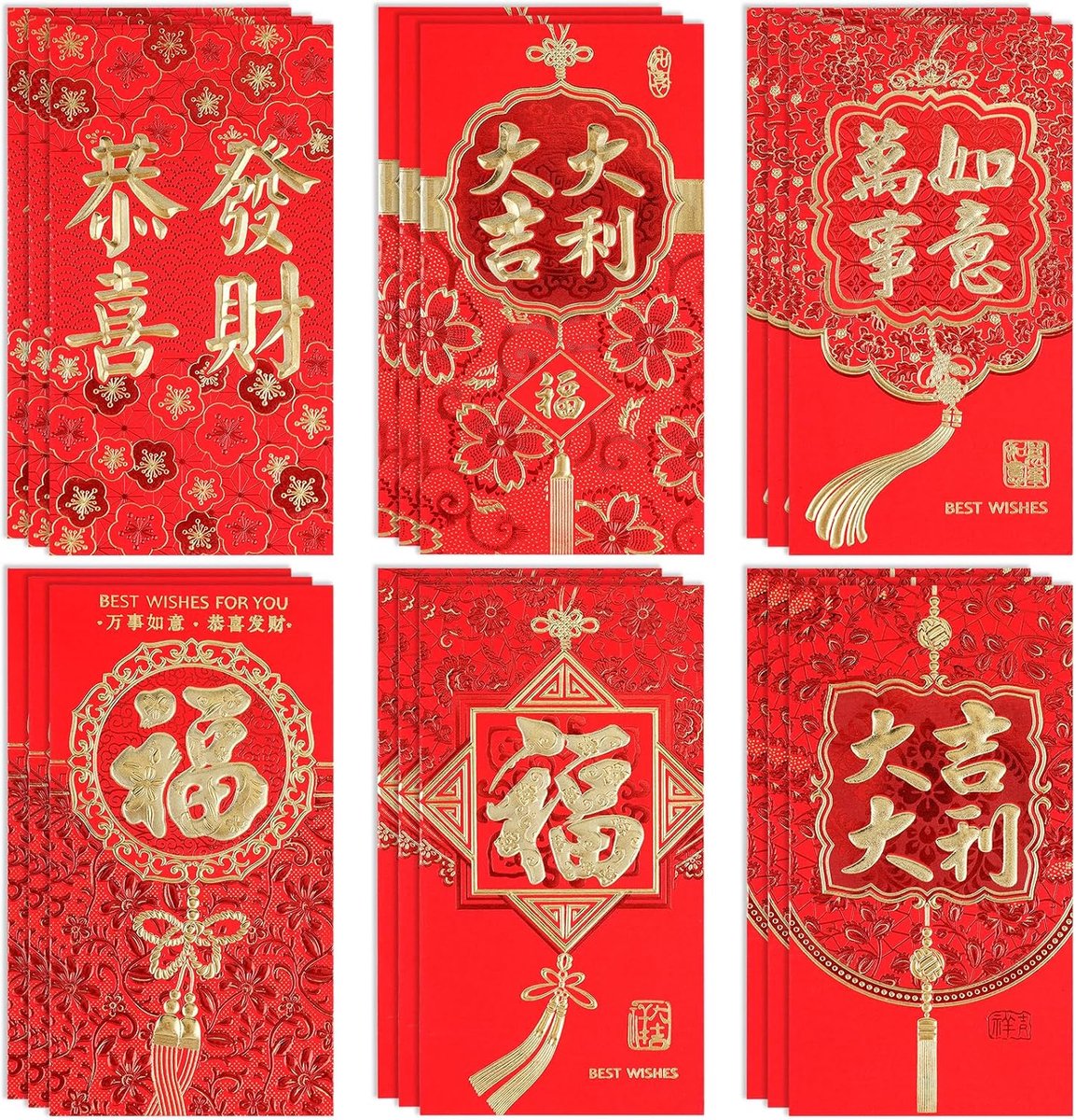 36 Stuks Chinese Rode Enveloppen, 6 Stijlen Hong Bao Chinese Geluksgeldzakken Jaar van de Draak 2024 Lai See-Enveloppen met Chinese Patronen voor Nieuwjaar Lentefestival Bruiloft Verjaardag